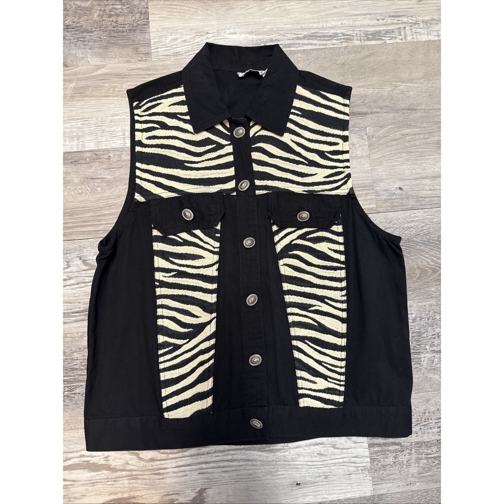 VTG Y2K 90s Shelly & Arnold Zebra Western Concho Buttons Boho Vest Shirt SZ M